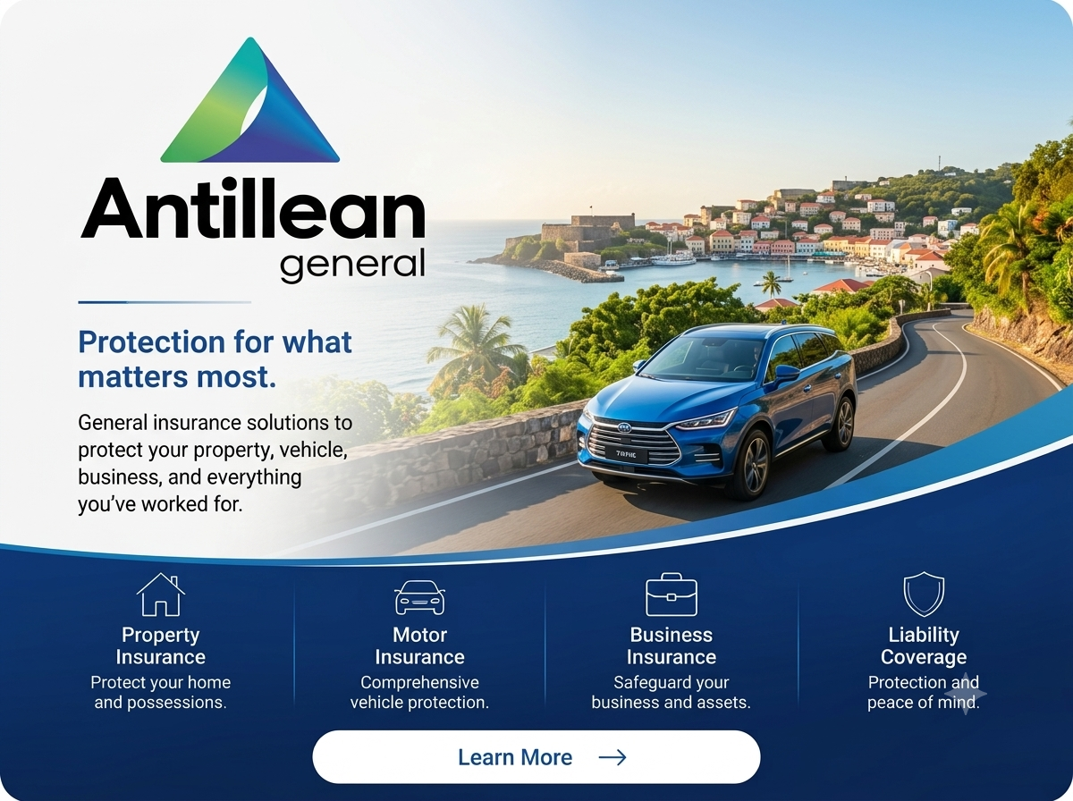 Antillean General Insurance promotional graphic featuring a vehicle overlooking St. George's, Grenada, highlighting property, motor, business, and liability insurance solutions.
