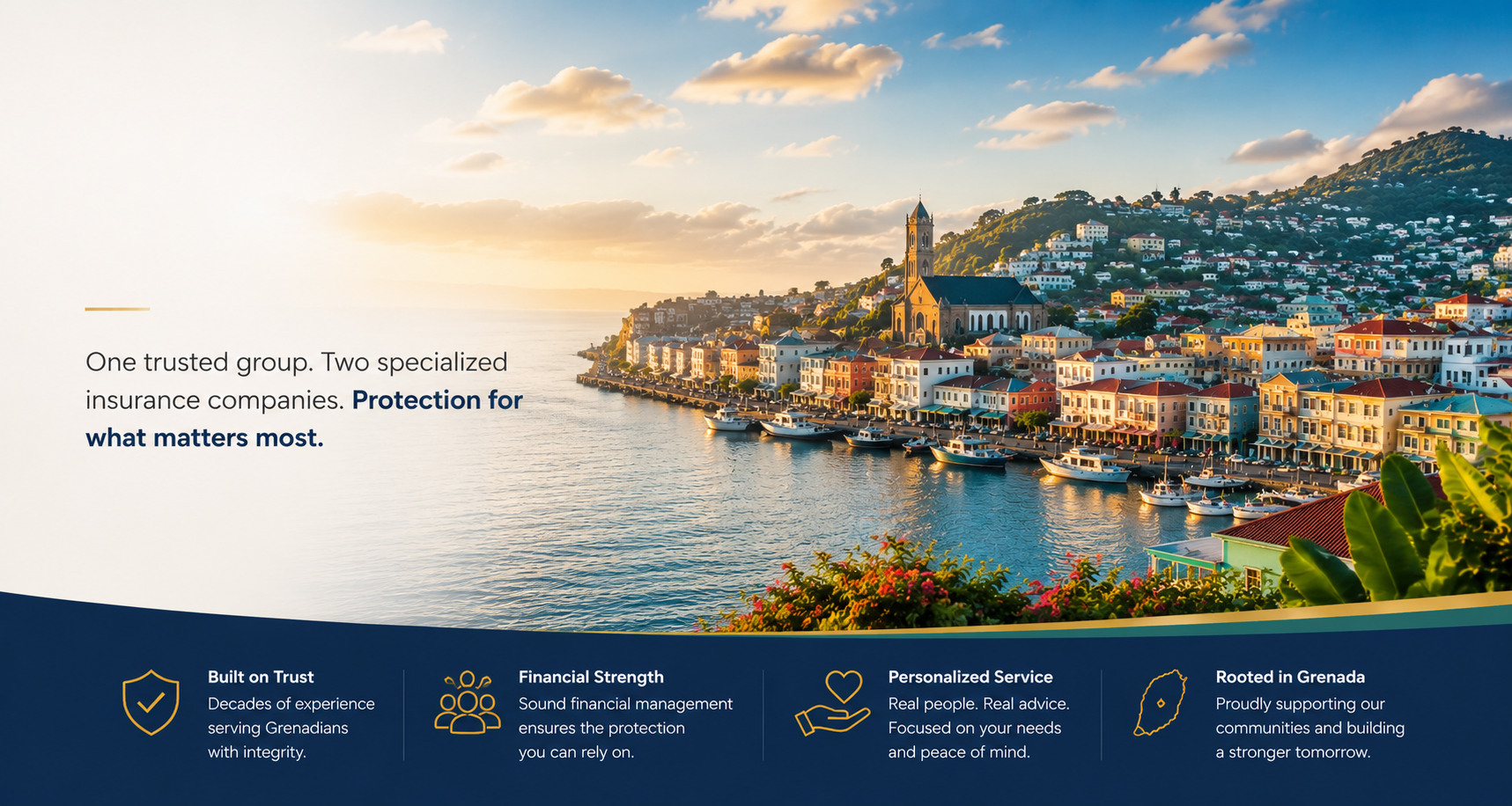 Panoramic view of St. George's, Grenada with the Antillean Group logo, representing trusted life insurance, general insurance, and financial protection services for individuals, families, and businesses.