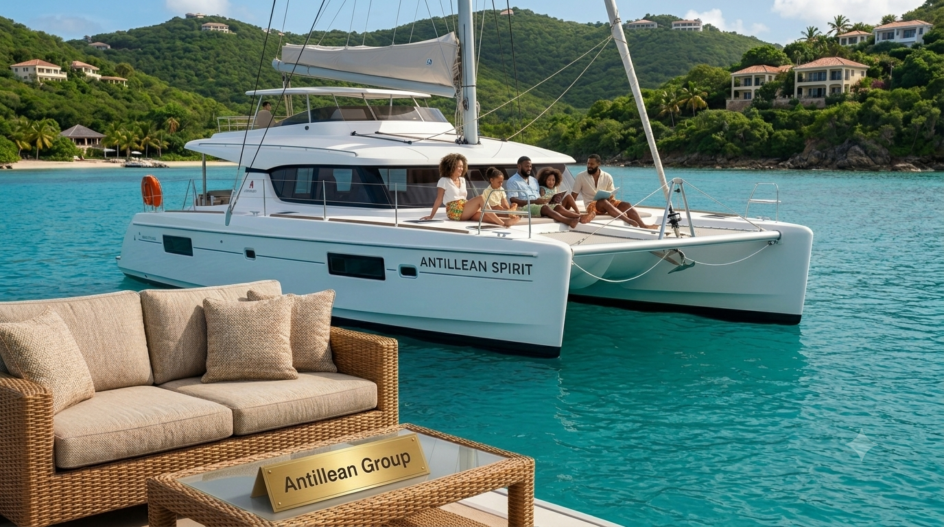 Antillean Group Marine and Yacht Insurance Caribbean A family relaxing on the deck of a luxury catamaran named Antillean Spirit sailing in crystal-clear turquoise Caribbean waters.