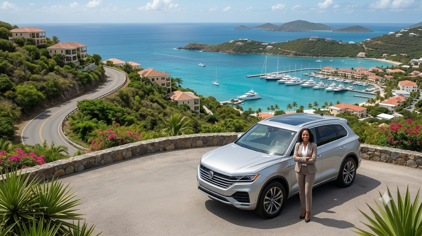 A professional woman standing next to a modern silver SUV along a stunning coastal highway overlooking a Caribbean marina.