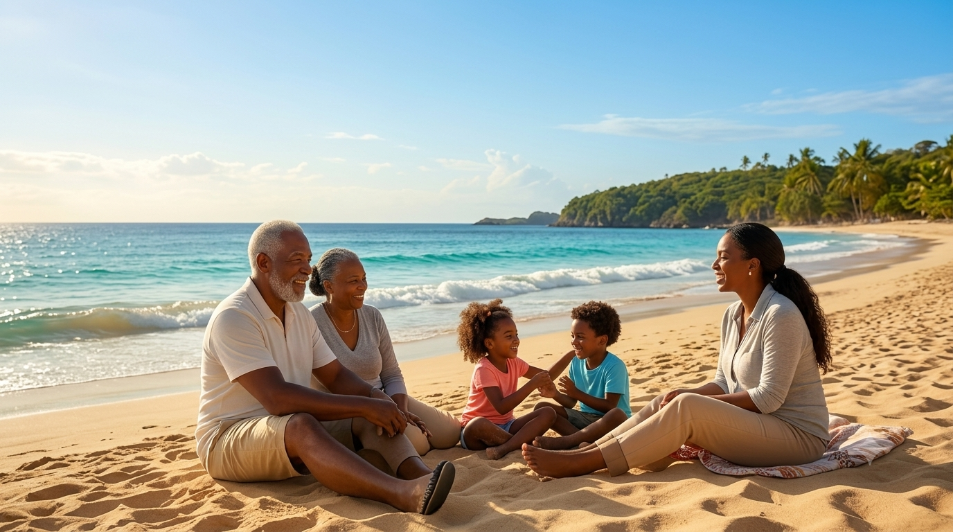 A multi-generational Grenadian family relaxing together on a tropical sandy beach in Grenada.