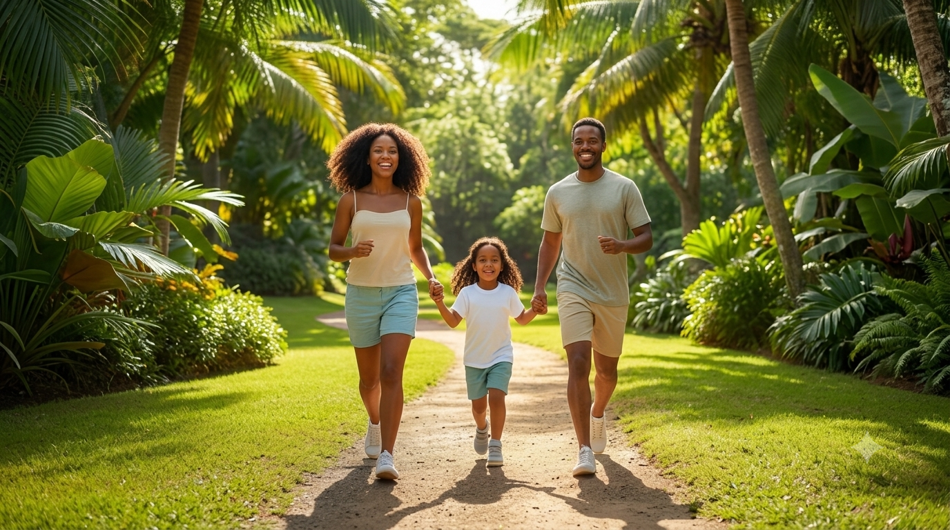 A healthy Grenadian family holding hands and jogging along a lush green park trail in the Caribbean.