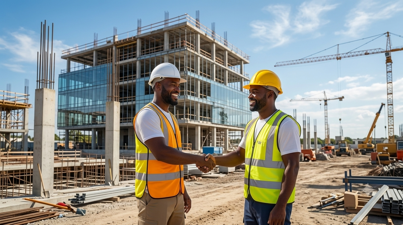Two Grenadian construction engineers in high-visibility vests and hard hats shaking hands at a commercial building site.
