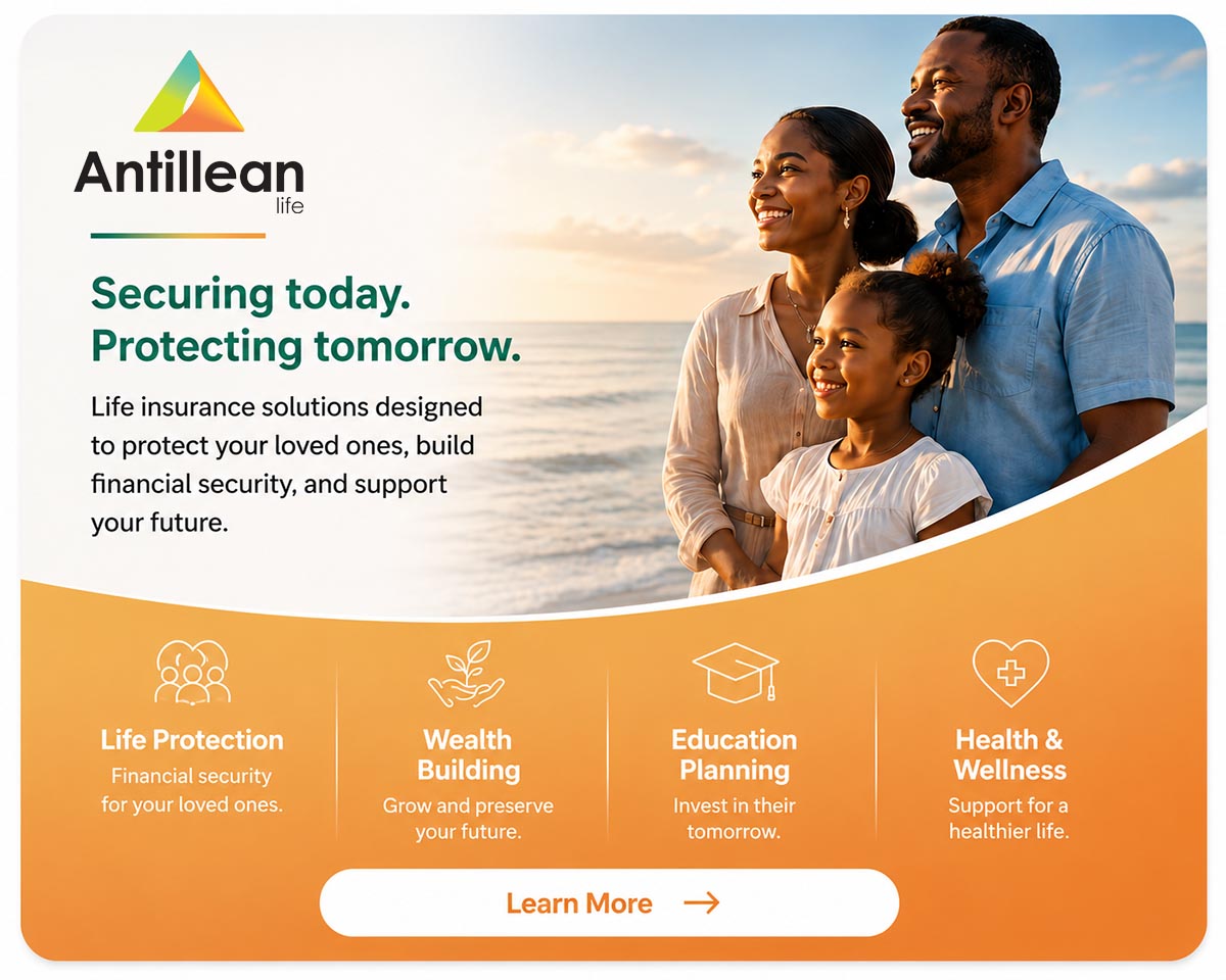 Antillean Life Insurance promotional graphic featuring a family enjoying a beach in Grenada, representing life insurance, health insurance, and financial security for families.