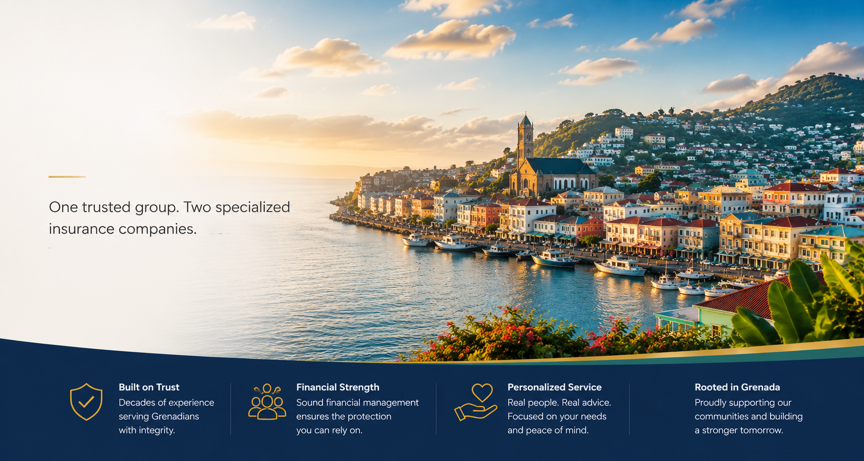 Panoramic view of St. George's, Grenada with the Antillean Group logo, representing trusted life insurance, general insurance, and financial protection services for individuals, families, and businesses.