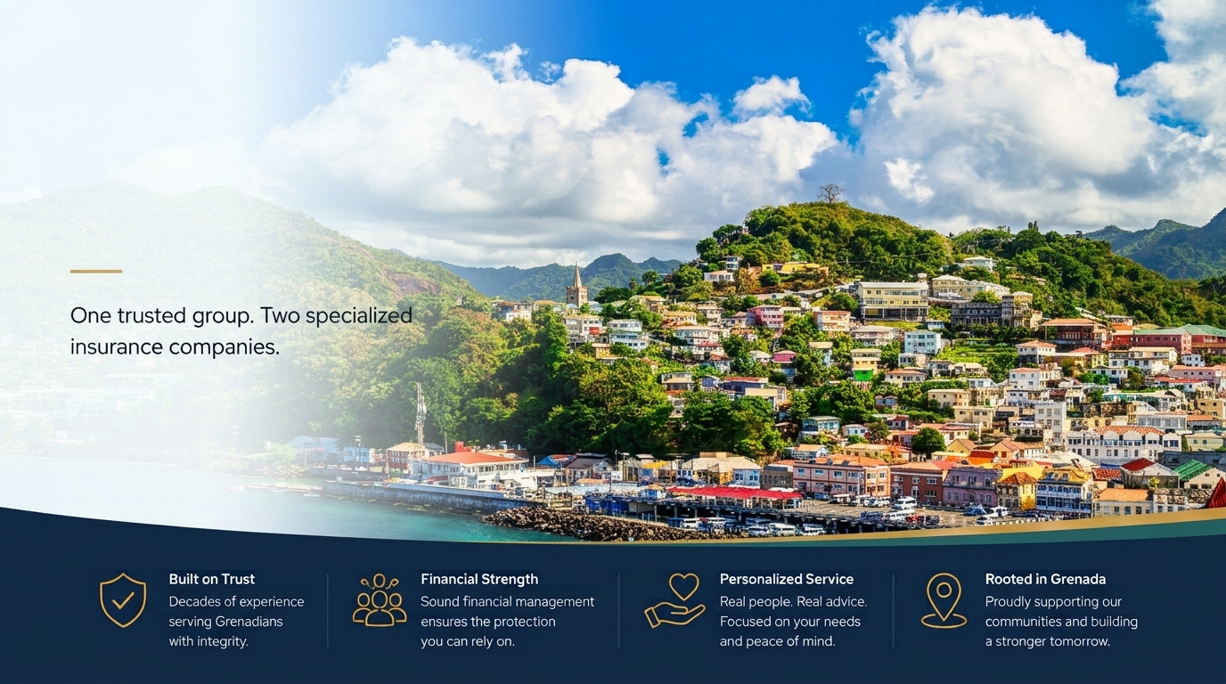 Antillean Group hero featuring a panoramic view of St. George’s, Grenada, highlighting trusted insurance, financial strength and personalized service.